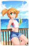  1girl artist_name bangs bare_shoulders beach bikini blue_background blue_shorts blue_sky blush border breasts closed_mouth cloud collarbone commentary crop_top cup dated day disposable_cup drink drinking_straw english_commentary green_eyes hair_between_eyes hair_tie hand_up happy highres holding holding_cup holding_drink horizon looking_at_viewer midriff misty_(pokemon) navel ocean orange_hair outdoors pokemon pokemon_(game) pokemon_lgpe railing red_bikini sand shiny shiny_hair shirt short_hair short_shorts shorts side_ponytail sidelocks signature sky sleeveless sleeveless_shirt slushie small_breasts smile solo split_mouth standing stomach swimsuit swimsuit_under_clothes teranen water watermark white_border white_shirt 