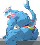  absurd_res anthro big_butt blue_body butt clothed clothing fish hat headgear headwear hi_res maldu male marine multicolored_clothing muscular muscular_anthro muscular_male rainbow_clothing rainbow_speedo shark solo tongue tongue_out topless 