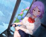  1girl bangs bow bow_panties bra bra_visible_through_clothes breasts curly_hair dutch_angle flower hair_between_eyes highres inagita indie_virtual_youtuber lace-trimmed_bra lace_trim large_breasts looking_at_viewer mikado_momo miniskirt panties parted_bangs pleated_skirt purple_hair rain red_bow red_eyes school_uniform see-through shirt short_hair skirt solo underwear virtual_youtuber water wet wet_clothes wet_hair wet_shirt wet_skirt white_bra white_panties wringing_clothes wringing_skirt 