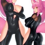  1girl absurdres animal_ear_fluff animal_ears arm_under_breasts arm_up artist_name ass bangs black_bodysuit black_choker blush bodysuit breasts brown_eyes catsuit center_opening choker commentary fangs fate/grand_order fate_(series) fox_ears fox_girl fox_tail glasses hair_between_eyes highres hip_vent koyanskaya_(fate) large_breasts long_hair multiple_views parted_lips pink_hair ponytail semi-rimless_eyewear simple_background smile tail tamamo_(fate) teeth under-rim_eyewear white-framed_eyewear white_background wlper 
