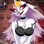  anthro avian beak bra breasts chan_kiui clothed clothing demon detailed_background feathers female helluva_boss hi_res mature_female medium_breasts octavia_(helluva_boss) open_mouth open_smile partially_clothed pink_body pink_feathers smile solo stella_(helluva_boss) thick_thighs tongue underwear white_body white_feathers 