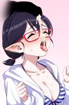  1boy 1girl ayane_(blue_archive) ayane_(swimsuit)_(blue_archive) bangs bikini black_hair blue_archive blush breasts censored cleavage cum cum_in_mouth facial glasses jacket kumadano long_sleeves low_ponytail medium_breasts nose_blush open_mouth penis penis_on_head pink_background pointy_ears ponytail red-framed_eyewear short_hair short_ponytail simple_background solo_focus striped striped_bikini sweat swimsuit tongue tongue_out upper_body white_jacket 