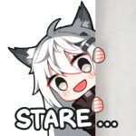  1girl :d ahoge animal_ears arknights black_jacket chibi english_text grey_eyes greypidjun hair_between_eyes jacket lappland_(arknights) long_hair lowres messy_hair open_mouth peeking_out scar scar_across_eye simple_background smile solo transparent_background white_hair wolf_ears 