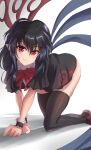  1girl all_fours ass asymmetrical_wings bangs black_dress black_hair black_legwear blue_wings bow bowtie closed_mouth dress highres houjuu_nue looking_at_viewer namiki_(remiter00) nue_day red_bow red_bowtie red_eyes red_wings short_hair simple_background skindentation smile solo thighhighs thighs touhou white_background wings wrist_cuffs 
