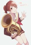  absurdres bangs blush brown_eyes brown_hair brown_shirt brown_skirt euphonium hand_up hibike!_euphonium highres holding holding_instrument instrument kitauji_high_school_uniform long_sleeves looking_at_viewer matarasu_(aaaaaaaaj) neckerchief oumae_kumiko parted_lips pleated_skirt ponytail red_neckerchief sailor_collar school_uniform serafuku shirt short_hair simple_background sitting skirt smile white_background white_sailor_collar 