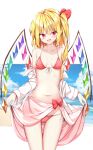  1girl :d bangs beach bikini blonde_hair blue_sky bow breasts cleavage cloud crystal fang flandre_scarlet groin highres looking_at_viewer navel one_side_up open_clothes open_mouth outdoors outside_border pointy_ears rainbow_order red_bikini red_bow red_eyes sabana skin_fang sky small_breasts smile solo standing swimsuit touhou wings 