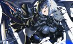  1girl armor barbed_wire black_armor black_cape black_legwear bright_pupils cape capelet chain covered_nipples eyes_visible_through_hair fate/grand_order fate_(series) film_grain fur-trimmed_capelet fur_trim gauntlets grey_hair hair_between_eyes highres holding holding_sword holding_weapon jeanne_d&#039;arc_alter_(fate) mitsuki3s_kir open_mouth pauldrons short_hair shoulder_armor skindentation solo sword teeth thighhighs tongue torn_capelet vambraces weapon white_pupils yellow_eyes 