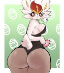  anthro big_butt breasts bunny_costume butt cinderace clementyne clothed clothing costume female hi_res lagomorph looking_at_viewer looking_back looking_back_at_viewer mammal nintendo pok&eacute;mon pok&eacute;mon_(species) simple_background smile smiling_at_viewer solo video_games 