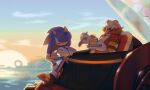  2boys birthday_cake cake dr._eggman eating facial_hair food goggles goggles_on_head highres holding mecha multiple_boys mustache one_eye_closed robot sky sonic_(series) sonic_the_hedgehog spacecolonie sunset 