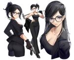  black_hair breasts cleavage glasses gun hammer handgun highres looking_at_viewer meinoss minamikata_hizuru pistol purple_eyes summertime_render weapon 