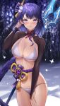  1girl bikini blurry blurry_background blush braid braided_ponytail breasts bridal_gauntlets cleavage closed_mouth cowboy_shot flower flower_knot frown furrowed_brow genshin_impact hair_flower hair_ornament highres large_breasts long_hair looking_at_viewer lunacle mole mole_under_eye polearm purple_eyes purple_flower purple_hair raiden_shogun rope_belt shrug_(clothing) skindentation solo swimsuit tassel thighs underboob very_long_hair vision_(genshin_impact) weapon weapon_on_back white_bikini 