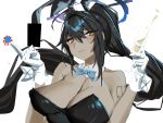  1girl alcohol animal_ears armpit_crease bare_shoulders black_hair blue_archive blue_bow blush bow card champagne closed_mouth covered_navel cup dark-skinned_female dark_skin eyelashes eyes_visible_through_hair fake_animal_ears gloves highres holding holding_card holding_cup karin_(blue_archive) karin_(bunny)_(blue_archive) long_eyelashes long_hair mitsuki3s_kir pink_lips playboy_bunny poker_chip ponytail rabbit_ears shiny shiny_hair sketch solo upper_body white_gloves yellow_eyes 