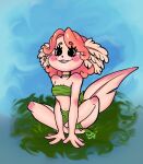  amphibian anthro axolotl black_eyes blue_background blush blushing_profusely choker clothing crossed_legs doodlebunnyart eyelashes female grass grass_skirt hair hands_on_ground jewelry mole_salamander necklace plant red_hair salamander_(amphibian) simple_background sitting smile swimwear 