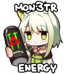  1girl animal_ears arknights brand_name_imitation can cat_ears chibi collar criss-cross_halter detached_collar dress english_text green_dress green_eyes green_hair greypidjun halterneck hand_up holding holding_can incoming_drink kal&#039;tsit_(arknights) light_blush lowres monster_energy off-shoulder_dress off_shoulder simple_background solo transparent_background white_collar 