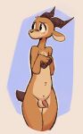  2022 2_horns antelope anthro balls belly_tuft biped black_nose blue_background blush blush_lines bovid brown_body brown_fur brown_tail chest_tuft chico_(fuel) countershade_fur countershade_torso countershading crotch_tuft facial_markings flaccid fuel_(artist) fur genitals head_markings head_tuft hi_res horn looking_aside male mammal markings nude outline penis pink_penis scut_tail short_tail simple_background solo standing tan_body tan_countershading tan_fur tuft white_background white_outline 