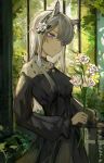  1girl animal_ears arknights black_dress breasts dress flower green_hairband grey_hair hair_flower hair_ornament hairband heavyrain_(arknights) heavyrain_(tranquil_moss)_(arknights) highres holding holding_flower horse_ears lch long_hair long_sleeves md5_mismatch official_alternate_costume plant purple_hair small_breasts solo upper_body white_flower 