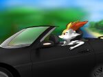  anthro beach blurred_background braixen car female fur hi_res nintendo nonny18675309 plant pok&eacute;mon pok&eacute;mon_(species) red_body red_eyes red_fur road sea seaside shrub solo tree vehicle video_games water white_body white_fur yellow_body yellow_fur 