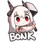  1girl arknights blush chibi demon_horns english_text grey_hair greypidjun hair_ornament hammer holding holding_hammer horns jacket lowres mudrock_(arknights) oripathy_lesion_(arknights) pointy_ears red_eyes simple_background solo transparent_background white_jacket 