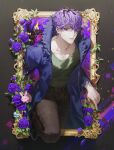  1boy bangs blue_coat brown_pants chohyojeong coat doll_(ib) flower food garry_(ib) green_shirt highres ib leaf long_sleeves looking_at_viewer macaron male_focus paint_splatter painting_(object) pants parted_lips purple_eyes purple_flower purple_hair purple_rose rose shirt sweat torn_clothes torn_coat 