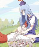  2girls bangs blue_dress blue_hair blue_sky bow closed_eyes closed_mouth cloud dress from_side fujiwara_no_mokou grey_hair hair_bow kamishirasawa_keine long_hair looking_at_another lying multiple_bows multiple_girls neckerchief on_back open_mouth outdoors red_eyes red_neckerchief sasaki_sakiko shirt sitting sky smile suspenders touhou white_shirt 