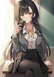  1girl bangs black_hair black_legwear black_skirt blush breasts cellphone cleavage closed_mouth collarbone collared_shirt commentary_request crossed_legs desk highres holding holding_phone kuroki_(ma-na-tu) large_breasts long_sleeves looking_at_viewer on_desk original pantyhose phone pleated_skirt red_eyes shirt sitting sitting_on_desk skirt smartphone solo 