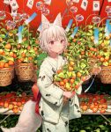 1girl animal_ears animal_on_shoulder bow chinese_lantern_(plant) commentary copyright_request cowboy_shot fox_ears fox_girl fox_tail frog highres holding holding_plant japanese_clothes kimono looking_at_viewer plant potted_plant red_bow red_eyes solo standing tail white_hair white_kimono wind_chime yutsumoe 