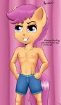  2022 absurd_res anthro blue_clothing blue_swimming_trunks blue_swimwear clothed clothing dialogue english_text equid equine female flat_chested friendship_is_magic fur hair hands_on_hips hasbro hi_res horse male_swimwear_challenge mammal my_little_pony nipples offscreen_character orange_body orange_fur pegasus pony purple_hair rarity_(mlp) riscke scootaloo_(mlp) solo swimming_trunks swimwear text topless wings young 