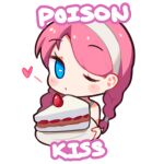  arknights blowing_kiss blue_eyes blue_poison_(arknights) blue_poison_(shoal_beat)_(arknights) blush cake cake_slice chibi english_text food fruit greypidjun hairband heart holding holding_plate lowres official_alternate_costume one_eye_closed pink_hair plate rectangular_pupils simple_background solo strawberry strawberry_shortcake transparent_background white_hairband 