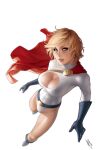  1girl absurdres blonde_hair breasts cape cleavage_cutout clothing_cutout dc_comics gloves highres justice_league large_breasts leotard non-web_source official_art power_girl short_hair superhero superman_(series) thighs warren_louw western_comics_(style) white_leotard 