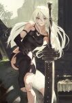  1girl black_gloves black_shirt breasts elbow_gloves fadingz gloves green_eyes hair_between_eyes highres holding holding_sword holding_weapon joints lips long_hair looking_at_viewer medium_breasts mole mole_under_mouth nier_(series) nier_automata parted_lips robot_joints shirt sitting solo sword toes weapon white_hair yorha_type_a_no._2 