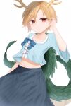  1girl absurdres antlers blonde_hair blue_bow blue_shirt blue_skirt bow commentary_request cowboy_shot dakuazu dragon_girl dragon_horns dragon_tail hand_in_own_hair highres horns kicchou_yachie long_skirt looking_at_viewer midriff_peek navel red_eyes shirt short_hair simple_background skirt solo tail touhou turtle_shell white_background 
