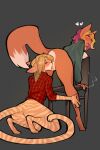  absurd_res anthro bent_over blonde_hair bottomless canid canine clothed clothing cunnilingus domestic_cat dunnie_brand duo felid feline felis female female/female fox fur hair hi_res looking_pleasured mammal ni70 oral orange_body orange_fur red_hair sex smoking tabby_cat vaginal 