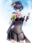  1girl absurdres artist_name bare_shoulders bikini bikini_under_clothes black_bikini black_swimsuit blue_hair braid breasts cherry clear_glass_(mildmild1311) cleavage collarbone covered_navel cowboy_shot crown_braid dress drink fire_emblem fire_emblem_awakening fire_emblem_heroes food fruit groin highres lucina_(fire_emblem) marth_(fire_emblem_awakening) mask navel official_alternate_costume see-through see-through_dress short_hair signature simple_background small_breasts smile solo swimsuit twitter_username 