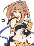  1girl black_gloves black_skirt blue_hairband breasts brown_eyes brown_hair closed_mouth cowboy_shot crop_top fingerless_gloves gloves groin gunvolt_chronicles_luminous_avenger_ix hairband hand_on_own_stomach happy highres kohaku_(luminous_avenger_ix) long_hair medium_breasts midriff navel open_clothes open_vest shinmon_akika simple_background sketch skirt smile solo stomach upper_body vest white_background yellow_skirt yellow_vest 