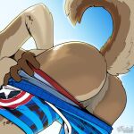  2022 anthro balls big_butt blue_bottomwear blue_clothing blue_shorts bottomwear bottomwear_down brown_body brown_fur butt butt_shot canid canine canis captain_america_(marvel) clothed clothing colored domestic_dog frostedchase fur genitals german_shepherd herding_dog hi_res male mammal multicolored_body multicolored_fur outside pants pants_down partially_clothed pastoral_dog raised_tail rear_view shaded shorts signature sky solo underwear 