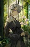  1girl animal_ears arknights black_dress breasts dress flower green_hairband grey_hair hair_flower hair_ornament hairband heavyrain_(arknights) heavyrain_(tranquil_moss)_(arknights) highres holding holding_flower horse_ears lch long_hair long_sleeves official_alternate_costume plant purple_hair revision small_breasts solo upper_body white_flower 