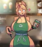  anthro apron apron_only areola areola_slip big_breasts breasts canid canine canis clothing domestic_dog female hair huge_breasts mammal minami_(remanedur) mostly_nude nipple_slip ponytail remanedur shiba_inu solo spitz thick_thighs wide_hips 