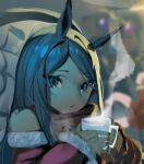  animal_ears bare_shoulders blue_eyes blue_hair blurry blurry_background brown_gloves chair christmas christmas_ornaments christmas_tree closed_mouth cropped cup detached_sleeves food fur-trimmed_sleeves fur_trim gloves holding holding_cup horse_ears horse_girl long_hair looking_at_viewer marshmallow mejiro_mcqueen_(umamusume) mitsuki3s_kir sleeves_past_wrists steam umamusume upper_body 