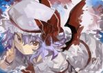  1girl :/ absurdres ascot bangs bat_wings bow commentary dress finger_to_cheek hat hat_bow highres kaamin_(mariarose753) looking_at_viewer making-of_available medium_hair mob_cap purple_hair red_ascot red_bow red_wings remilia_scarlet short_sleeves solo touhou wavy_hair white_dress white_headwear wings wristband yellow_eyes 