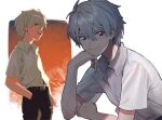  1boy black_pants closed_mouth commentary grey_hair hair_between_eyes hand_in_pocket head_rest highres ka_4maki looking_at_viewer male_focus multiple_views nagisa_kaworu neon_genesis_evangelion pants parted_lips red_eyes school_uniform shirt short_sleeves simple_background tokyo-3_middle_school_uniform white_shirt 