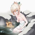  1girl absurdres artpatient bangs bare_shoulders blonde_hair blue_eyes blush breasts crossed_bangs hair_ornament highres hololive kazama_iroha leaf_hair_ornament looking_at_another naked_towel onsen partially_submerged pokobee rock small_breasts smile snow solo steam tanuki towel virtual_youtuber water wet white_background 