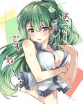  1girl arm_under_breasts blush breasts collared_shirt frog_hair_ornament green_eyes green_hair hair_between_eyes hair_ornament hair_tubes highres kochiya_sanae long_hair midriff mikama navel open_mouth ponytail shirt sleeveless solo sweat touhou upper_body 