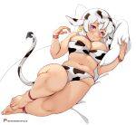  1girl absurdres animal_print areola_slip bikini breasts cow_print highres large_breasts looking_at_viewer lying multicolored_hair on_side original parted_lips print_bikini snortzog solo swimsuit two-tone_hair white_hair 