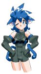  32_idol_saturn-chan animal_ears bangs black_gloves blue_eyes blue_hair blush bodysuit cat_ears cat_tail cropped_jacket elbow_gloves facing_viewer game_console gloves hands_on_hips long_hair looking_at_viewer non-web_source one_eye_closed personification product_girl saturn_(32_idol_saturn-chan) sega_saturn simple_background smile tail white_background yoshizaki_mine 