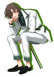  1boy absurdres black_footwear brown_hair cane commentary curtained_hair english_commentary fingernails full_body green_belt green_shirt grey_eyes hair_between_eyes hand_to_own_mouth highres invisible_chair jacket kotobuki_reiji leaning_forward lips long_sleeves looking_at_viewer male_focus pants shirt shoes short_hair silhouette simple_background sitting smile solo turtleneck uta_no_prince-sama wago watch white_background white_jacket white_pants wristwatch 