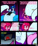  2018 absurd_res anthro belly big_belly blue_body blueberry_jam_(viroveteruscy) bodily_fluids bottomwear breasts clothing comic duo english_text female glowing glowing_eyes hair hi_res mammal multicolored_body navel non-mammal_breasts open_mouth pink_body pink_hair profanity raspberry_(viroveteruscy) red_eyes reptile saliva scalie sibling sister soul stuffing text thick_thighs tongue tongue_out topwear two_tone_body ursid viroveteruscy warning_cream_filled 