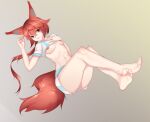  1girl absurdres animal_ears arknights barefoot blue_shirt blue_shorts breasts clothes_lift flametail_(arknights) full_body gradient gradient_background grey_background hair_between_eyes hands_up highres jue_buzheng_huo_gu_gu_zi lifted_by_self long_hair navel nipples parted_lips ponytail red_eyes red_hair shirt shirt_lift shorts simple_background small_breasts smile solo squirrel_ears squirrel_girl squirrel_tail stomach striped striped_shirt striped_shorts tail teeth thighs two-tone_shirt two-tone_shorts upper_teeth white_shirt white_shorts 