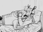  2girls alina_(arknights) animal_ears arknights bed_frame closed_eyes commentary deer_antlers deer_ears deer_girl english_commentary grey_background greyscale hand_in_another&#039;s_hair hug indoors jacket long_sleeves lying lying_on_person mattress monochrome multiple_girls on_back on_bed on_stomach open_clothes open_jacket pillow pocket silverxp simple_background sketch tail tail_through_clothes talulah_(arknights) twitter_username yuri 