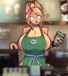  anthro apron apron_only areola areola_slip big_breasts breasts canid canine canis clothing domestic_dog female hair mammal minami_(remanedur) mostly_nude nipple_slip ponytail remanedur shiba_inu solo spitz thick_thighs wide_hips 