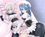  2girls absurdres alternate_costume apron black_gloves black_legwear blue_eyes blue_hair blush breasts double_bun elbow_gloves enmaided gloves grey_hair hair_between_eyes hair_bun hair_ornament hairclip hamakaze_(kancolle) highres kantai_collection large_breasts long_hair looking_at_viewer maid maid_apron multiple_girls open_mouth puffy_short_sleeves puffy_sleeves short_sleeves tk8d32 urakaze_(kancolle) waist_apron white_apron white_gloves 
